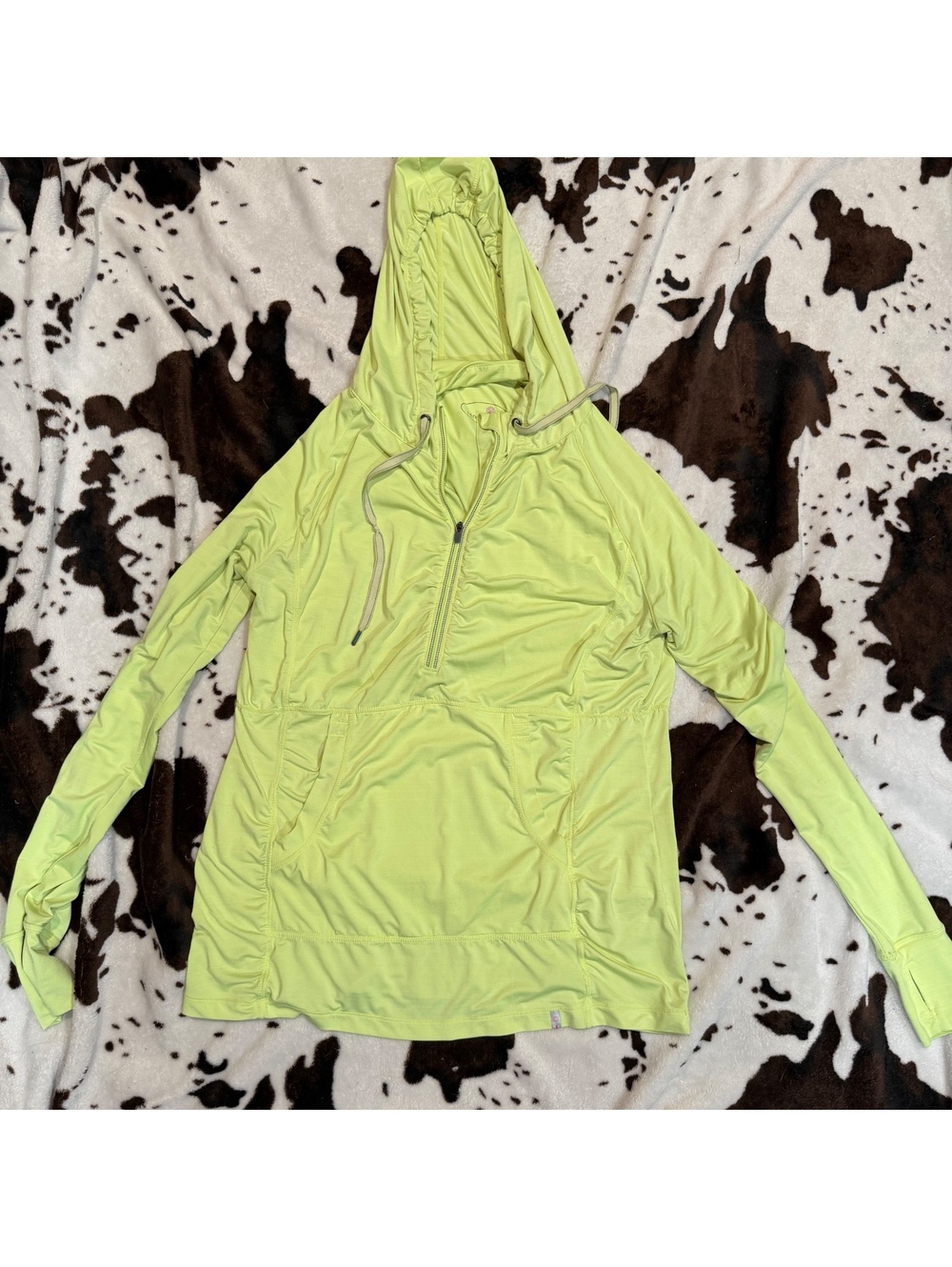 Tangerine Lime Green Ruched Half Zip Hooded Active Pullover Women’s L